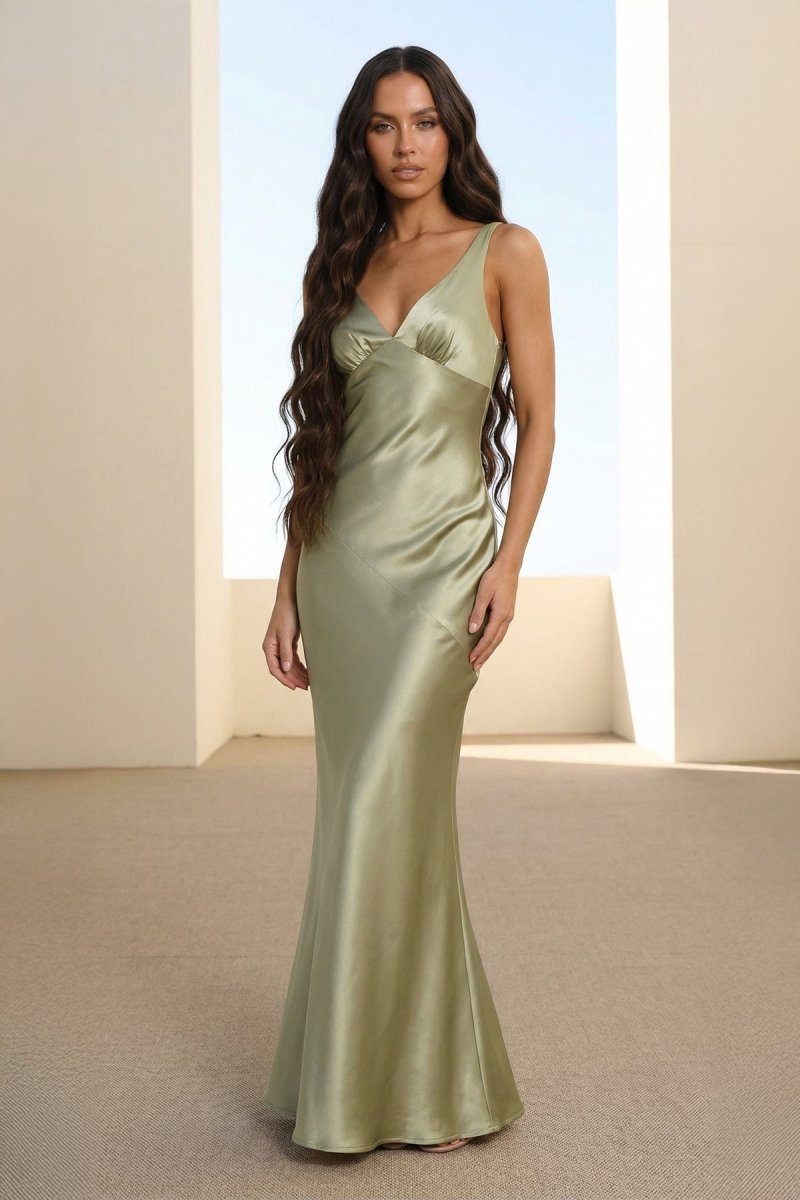 Aureth | Sage - V Neck Sheath Satin Open Back Long Prom Dresses - KissProm