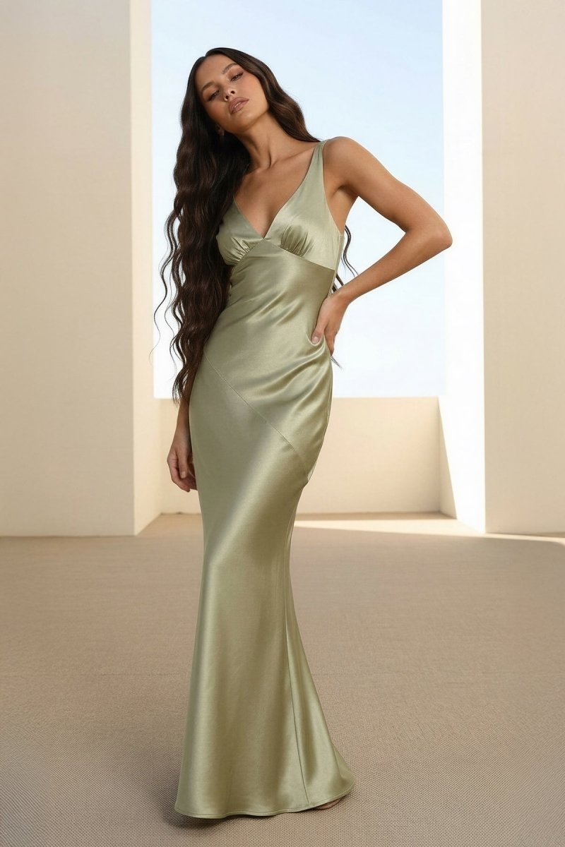 Aureth | Sage - V Neck Sheath Satin Open Back Long Prom Dresses - KissProm