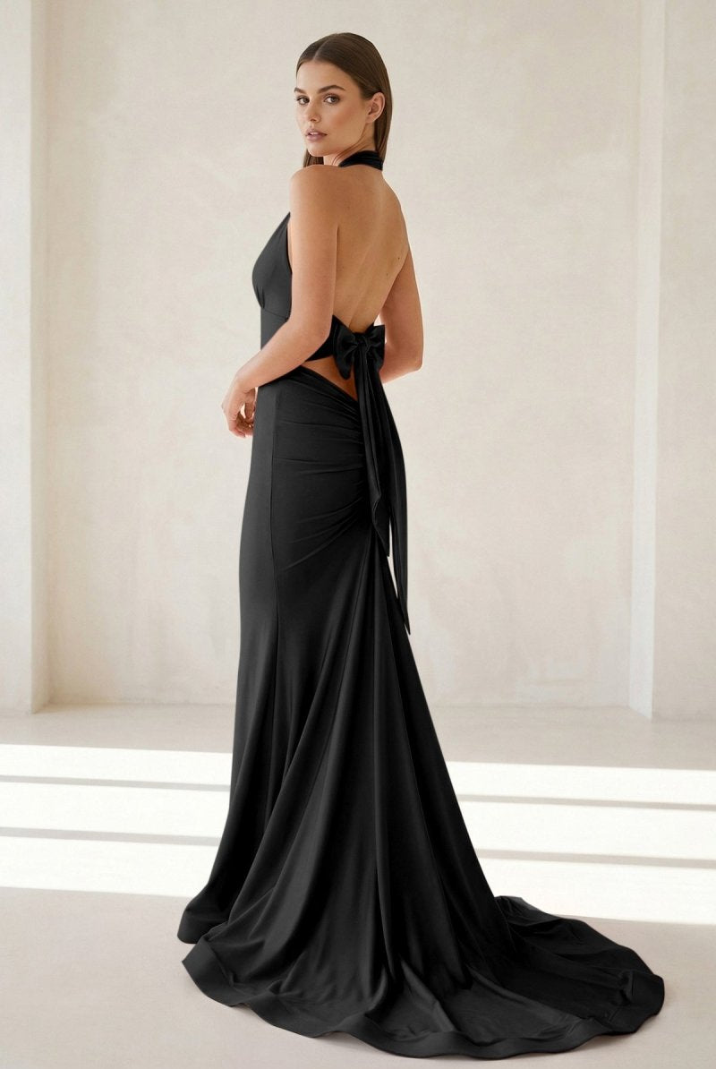 Aurithe | Pink - Halter Mermaid Satin Open Back Formal Prom Dresses With Bow - KissProm