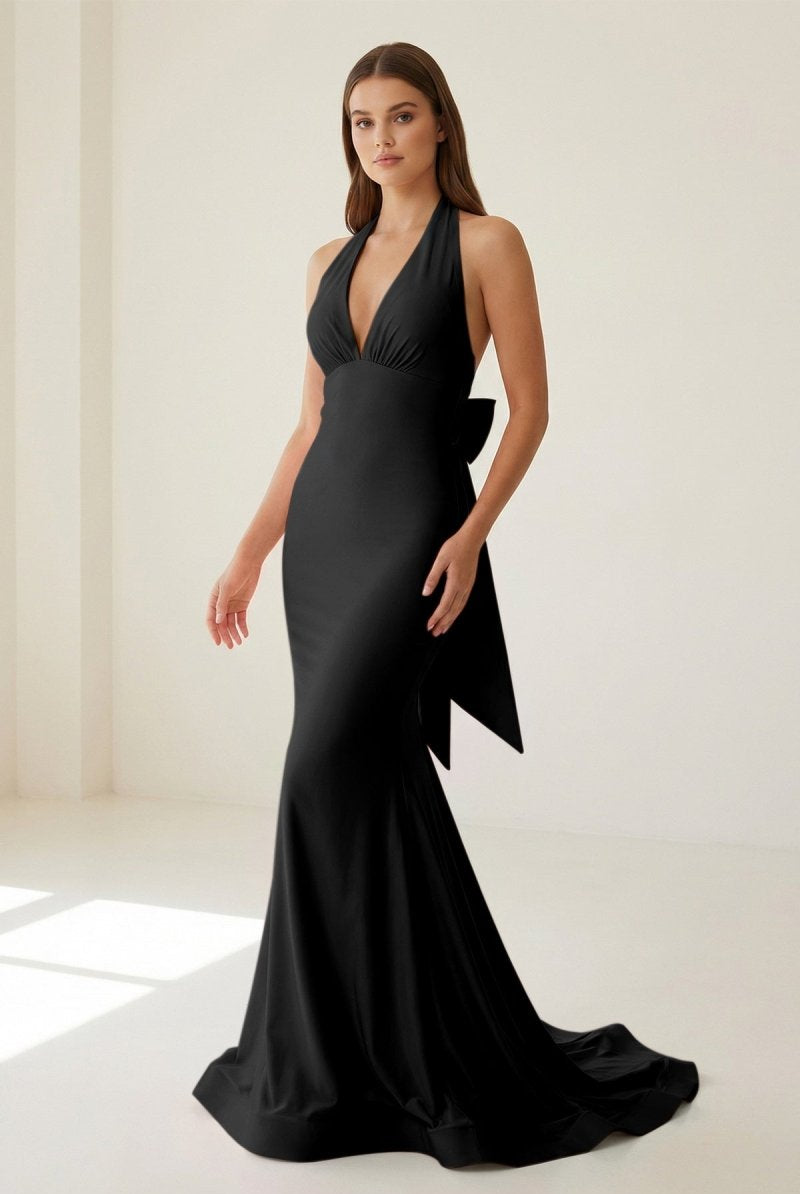 Aurithe | Pink - Halter Mermaid Satin Open Back Formal Prom Dresses With Bow - KissProm