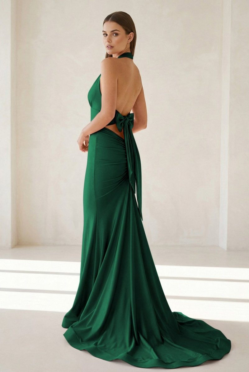 Aurithe | Pink - Halter Mermaid Satin Open Back Formal Prom Dresses With Bow - KissProm