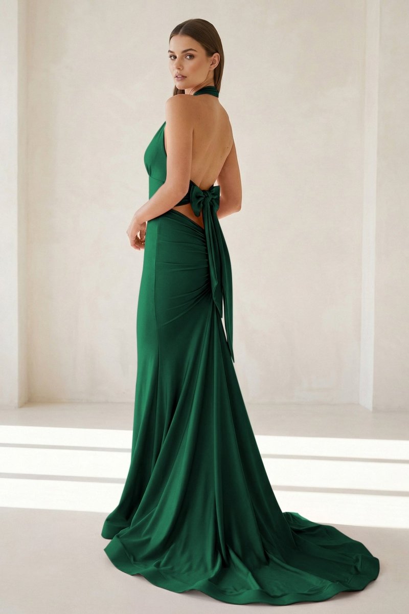 Aurithe | Pink - Halter Mermaid Satin Open Back Formal Prom Dresses With Bow - KissProm