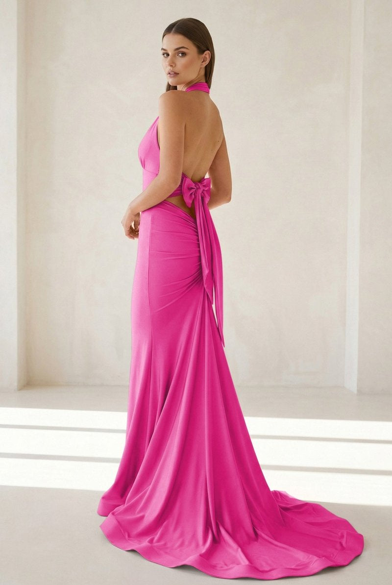 Aurithe | Pink - Halter Mermaid Satin Open Back Formal Prom Dresses With Bow - KissProm