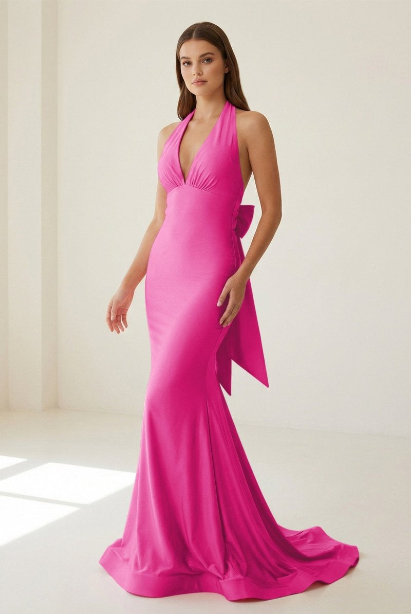 Aurithe | Pink - Halter Mermaid Satin Open Back Formal Prom Dresses With Bow - KissProm