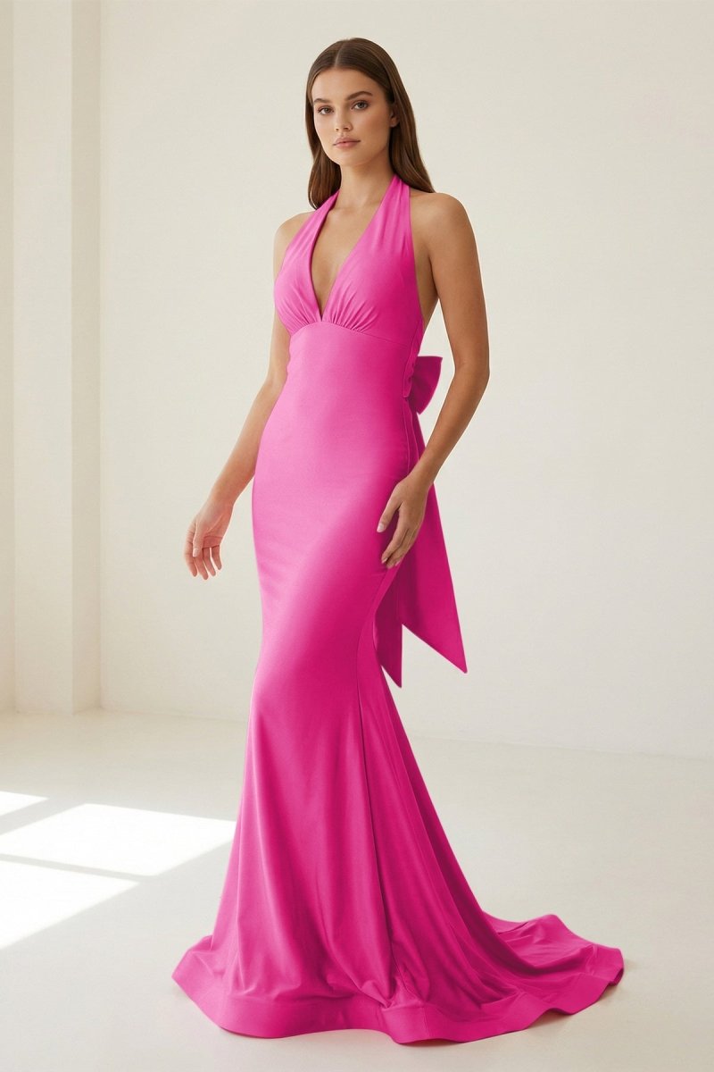 Aurithe | Pink - Halter Mermaid Satin Open Back Formal Prom Dresses With Bow - KissProm