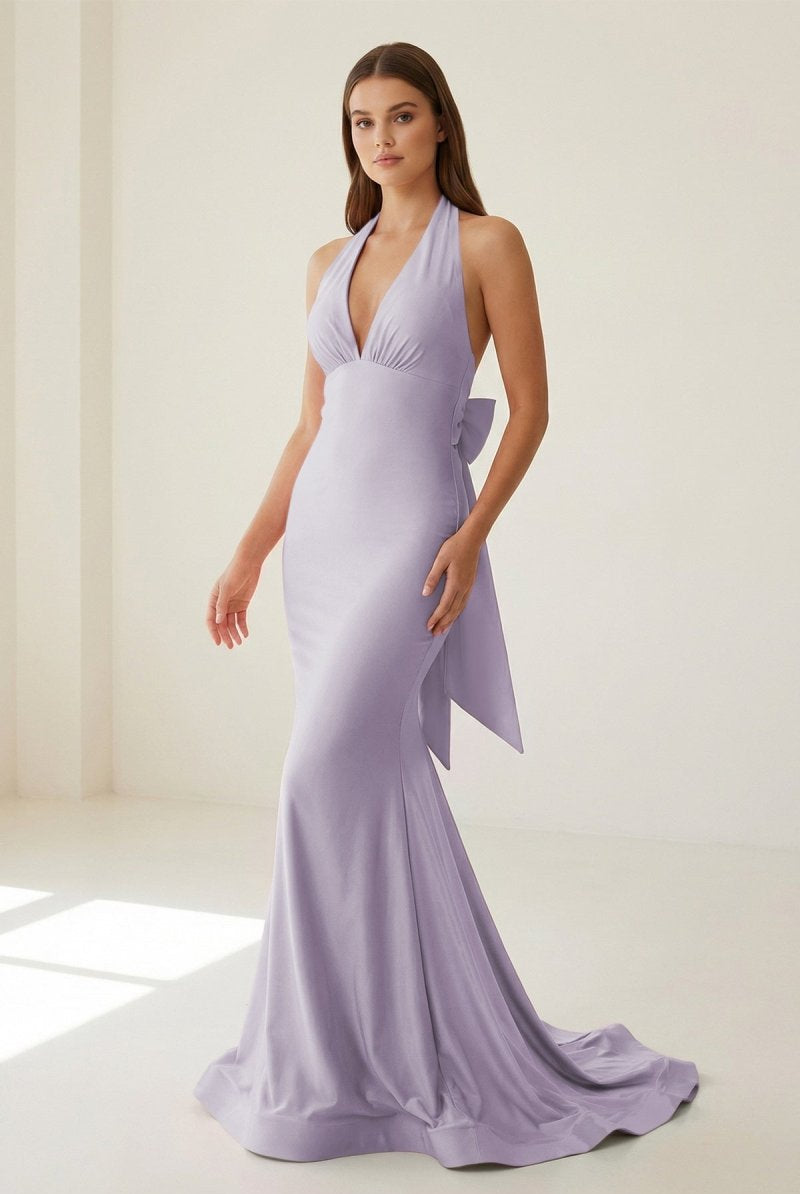 Aurithe | Pink - Halter Mermaid Satin Open Back Formal Prom Dresses With Bow - KissProm