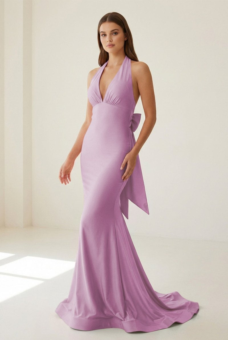 Aurithe | Pink - Halter Mermaid Satin Open Back Formal Prom Dresses With Bow - KissProm