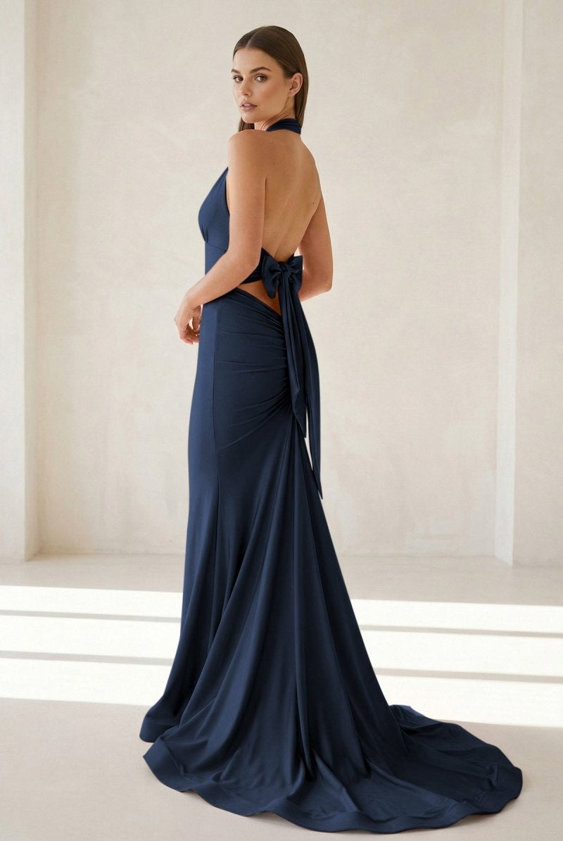 Aurithe | Pink - Halter Mermaid Satin Open Back Formal Prom Dresses With Bow - KissProm