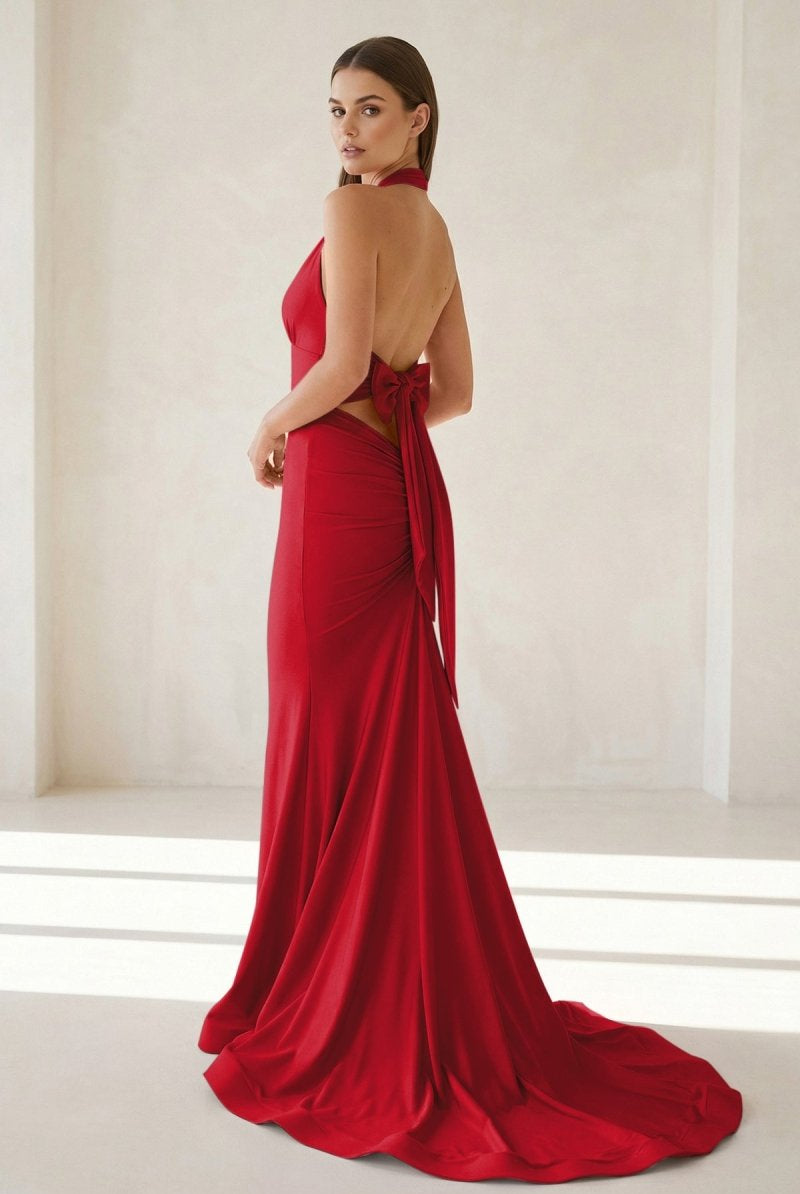 Aurithe | Pink - Halter Mermaid Satin Open Back Formal Prom Dresses With Bow - KissProm