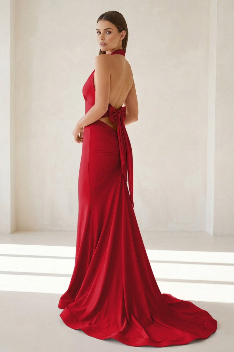 Aurithe | Pink - Halter Mermaid Satin Open Back Formal Prom Dresses With Bow - KissProm