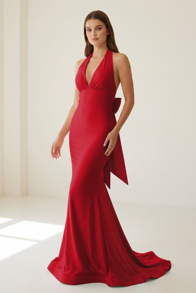 Aurithe | Pink - Halter Mermaid Satin Open Back Formal Prom Dresses With Bow - KissProm