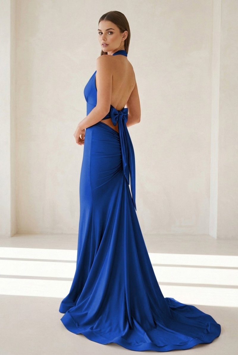 Aurithe | Pink - Halter Mermaid Satin Open Back Formal Prom Dresses With Bow - KissProm