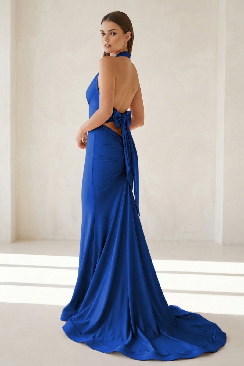 Aurithe | Pink - Halter Mermaid Satin Open Back Formal Prom Dresses With Bow - KissProm