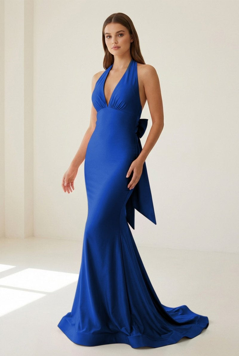 Aurithe | Pink - Halter Mermaid Satin Open Back Formal Prom Dresses With Bow - KissProm