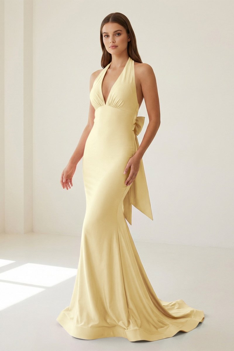 Aurithe | Pink - Halter Mermaid Satin Open Back Formal Prom Dresses With Bow - KissProm