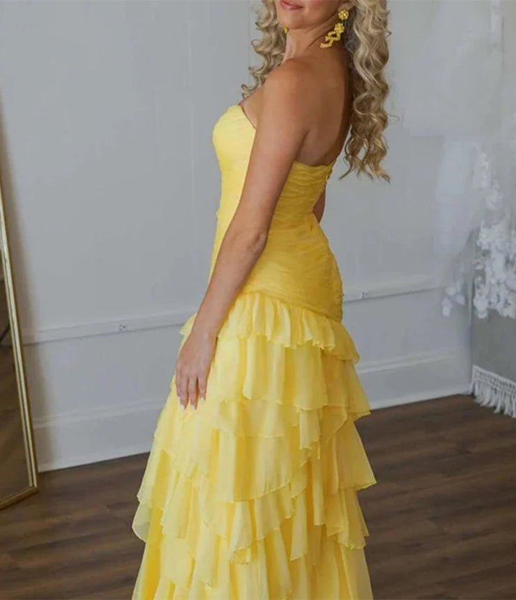 Aurora | Ruched Ruffle Fitted Yellow Long Prom Dress with Slit - KissProm