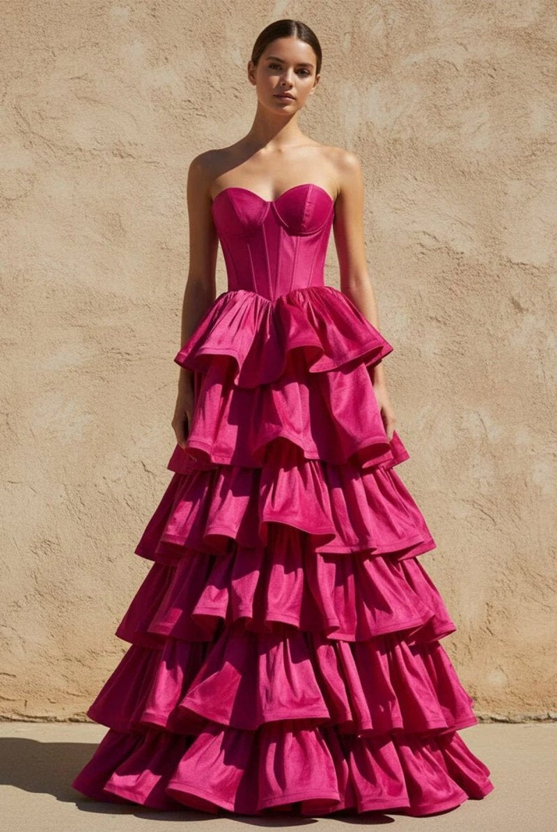 Ausha | Sweetheart Fuchsia Ruffles A - line Prom Dresses - KissProm