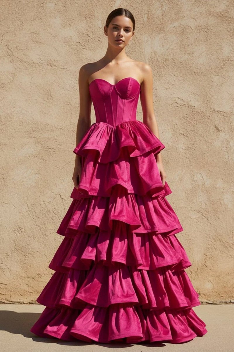 Ausha | Sweetheart Fuchsia Ruffles A - line Prom Dresses - KissProm