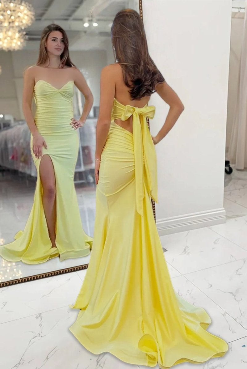 Auvessa | Yellow - Strapless Sheath Satin Long Prom Dresses With Slit - KissProm