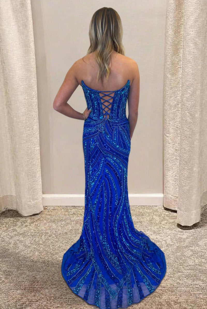 Avenelle | Red - Strapless Mermaid Sequined Long Formal Prom Dresses With Slit - KissProm