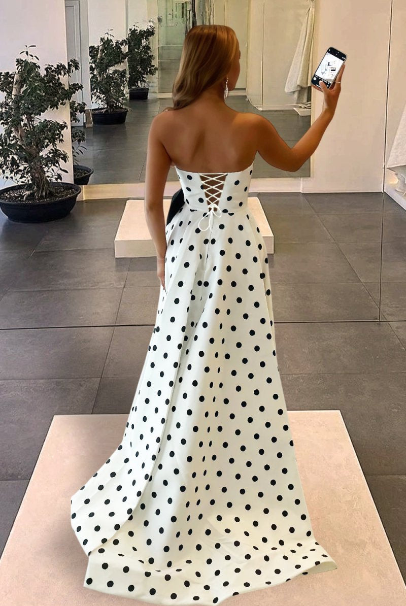 Averna | Black - Strapless A Line Polka Dots Satin Long Prom Dresses With Bow - KissProm