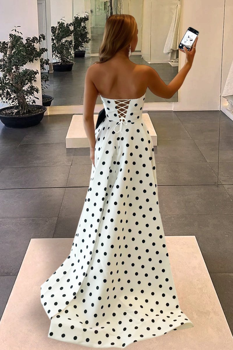 Averna | Black - Strapless A Line Polka Dots Satin Long Prom Dresses With Bow - KissProm