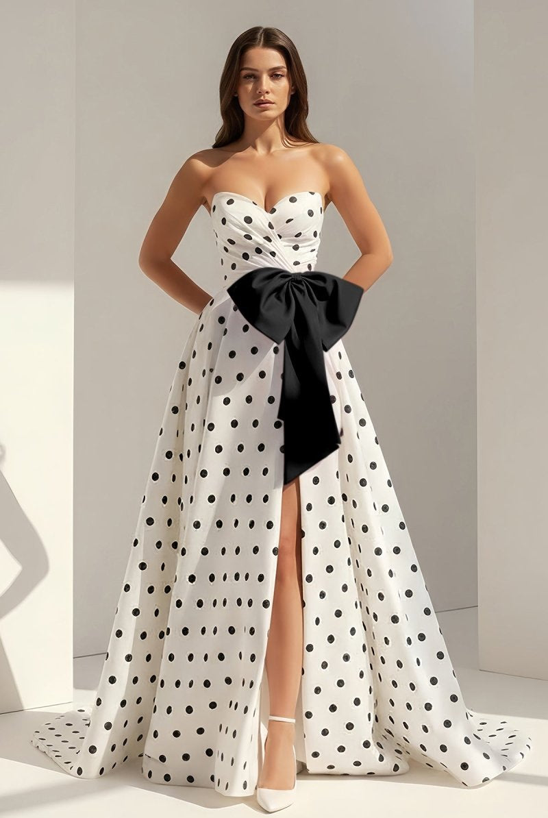 Averna | Black - Strapless A Line Polka Dots Satin Long Prom Dresses With Bow - KissProm