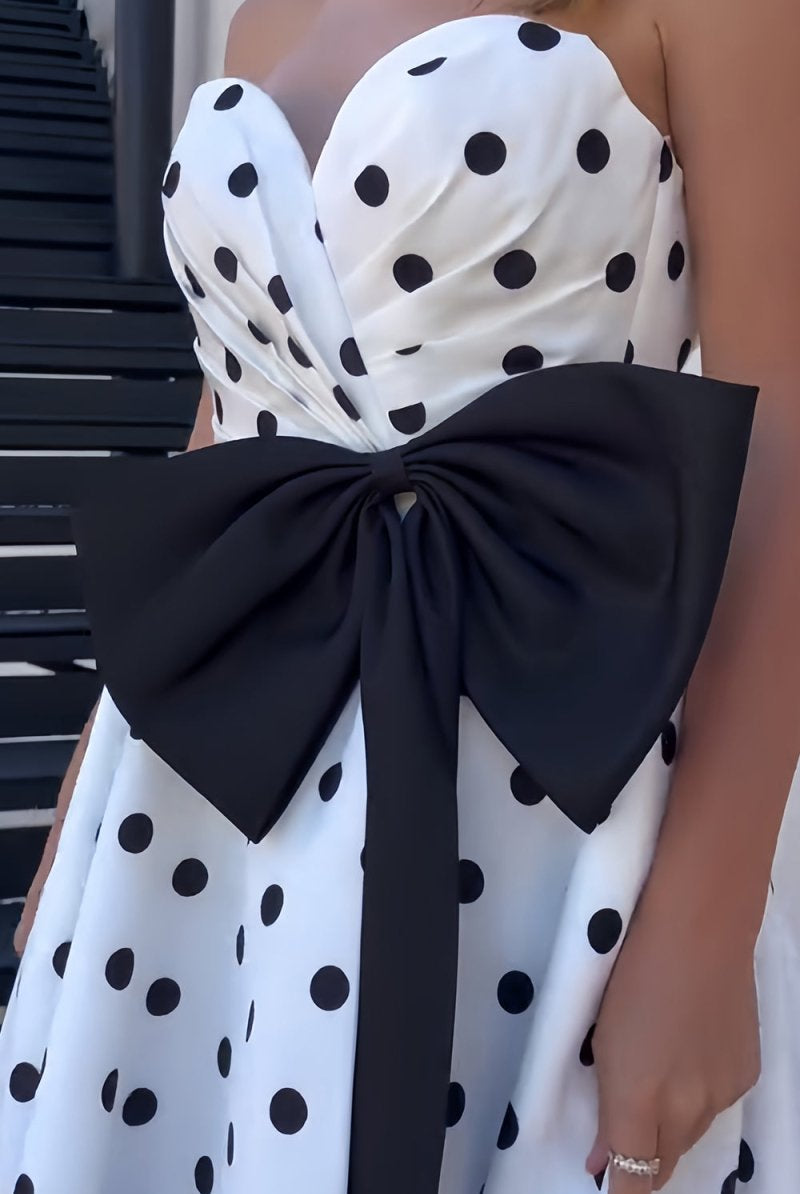 Averna | Fuchsia - Strapless A Line Polka Dots Satin Long Prom Dresses With Bow - KissProm