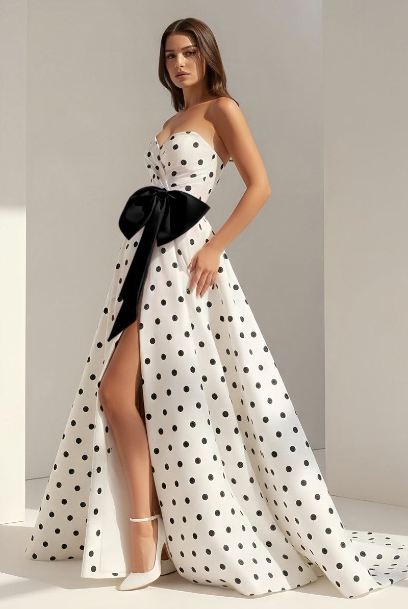 Averna | Black - Strapless A Line Polka Dots Satin Long Prom Dresses With Bow - KissProm