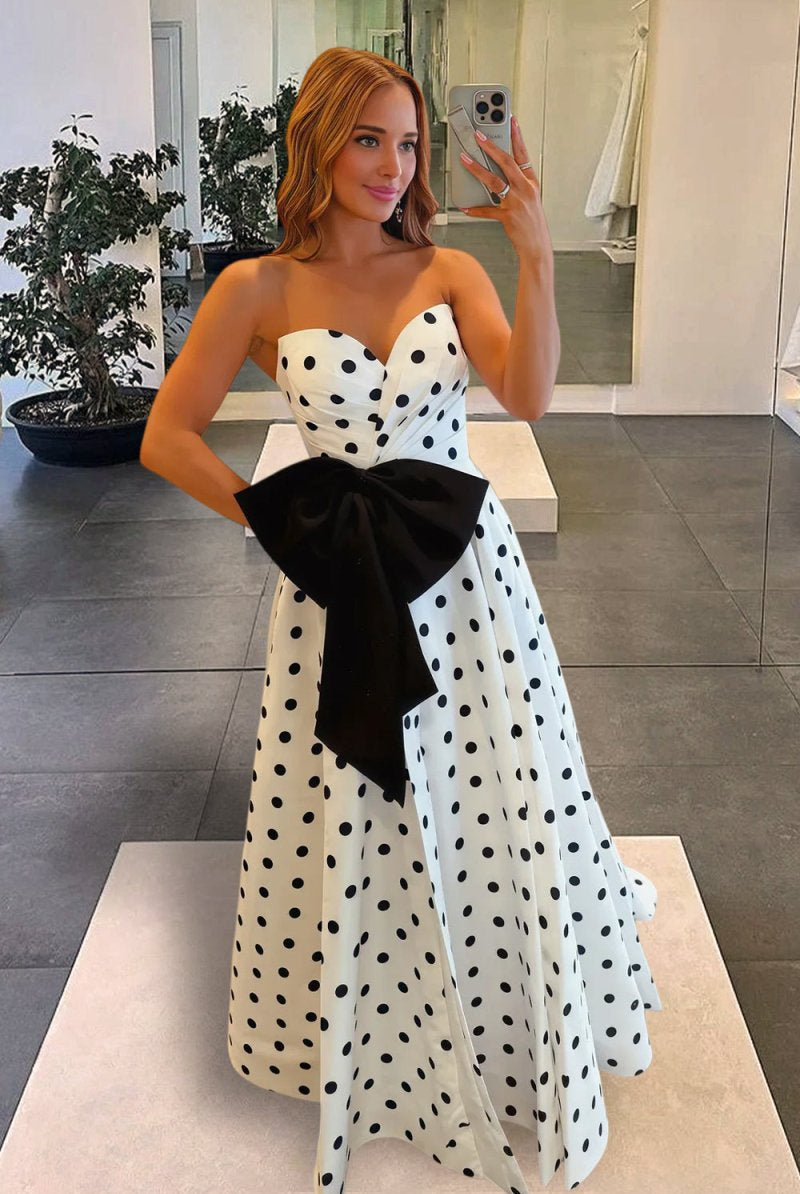 Averna | Black - Strapless A Line Polka Dots Satin Long Prom Dresses With Bow - KissProm