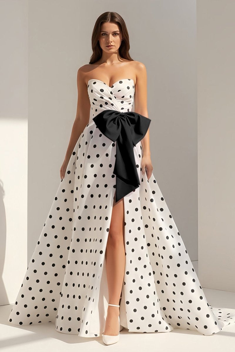 Averna | Black - Strapless A Line Polka Dots Satin Long Prom Dresses With Bow - KissProm