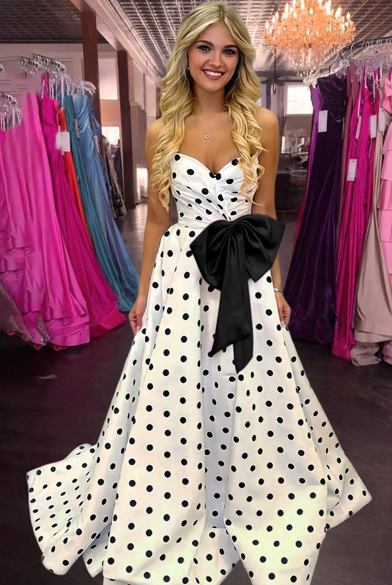 Averna | Black - Strapless A Line Polka Dots Satin Long Prom Dresses With Bow - KissProm