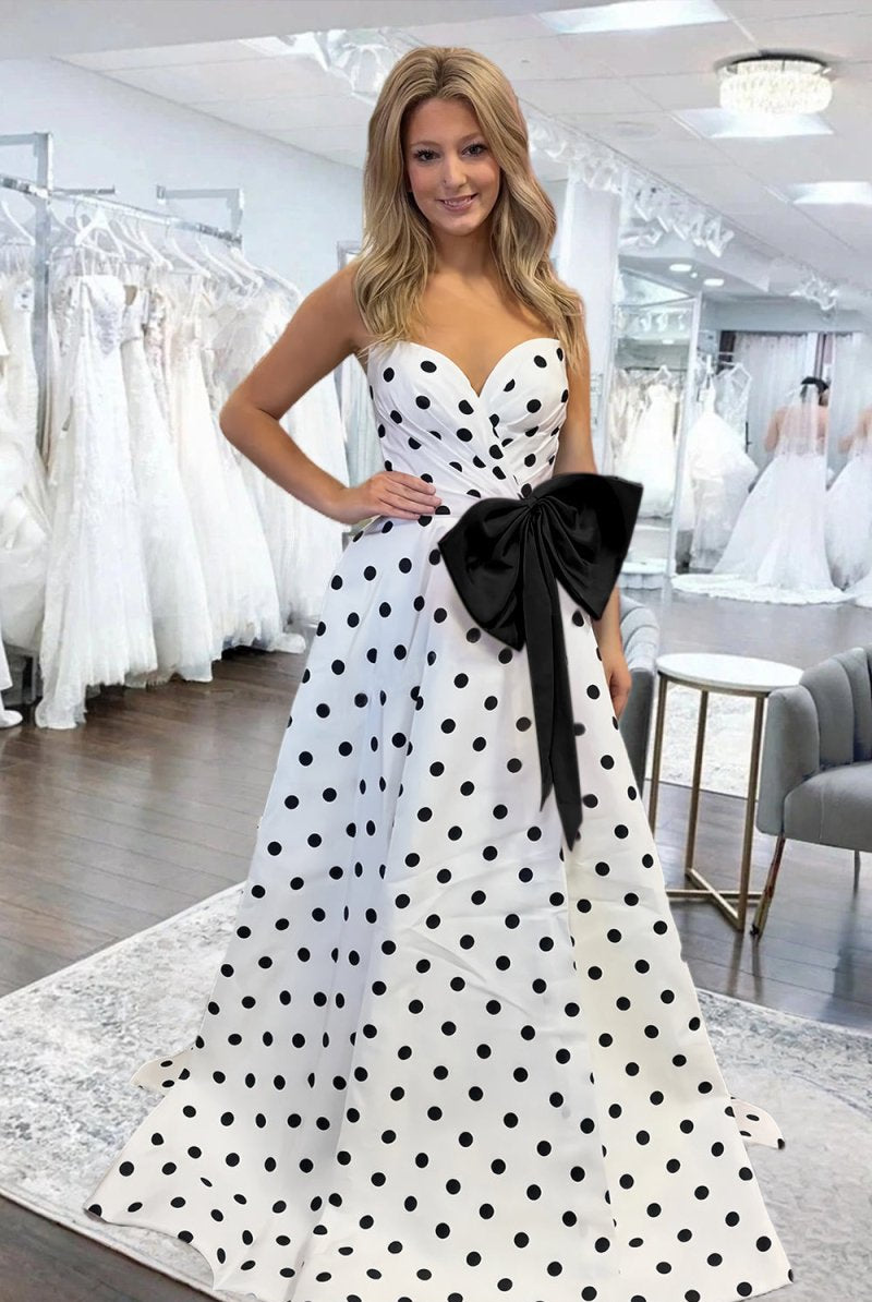 Averna | Black - Strapless A Line Polka Dots Satin Long Prom Dresses With Bow - KissProm