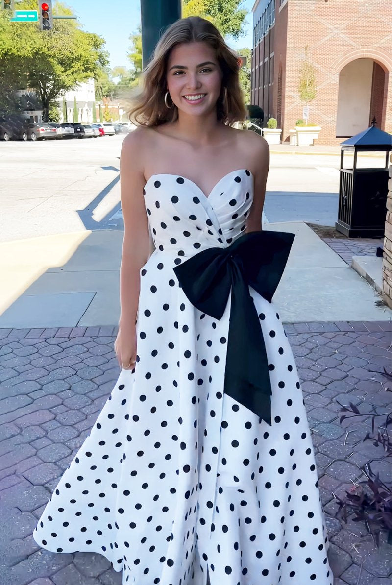 Averna | Black - Strapless A Line Polka Dots Satin Long Prom Dresses With Bow - KissProm