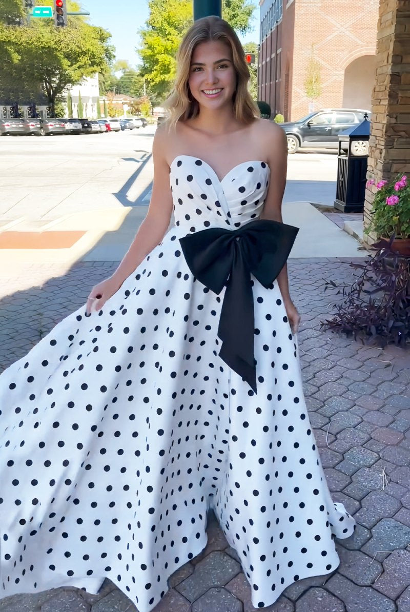 Averna | Black - Strapless A Line Polka Dots Satin Long Prom Dresses With Bow - KissProm
