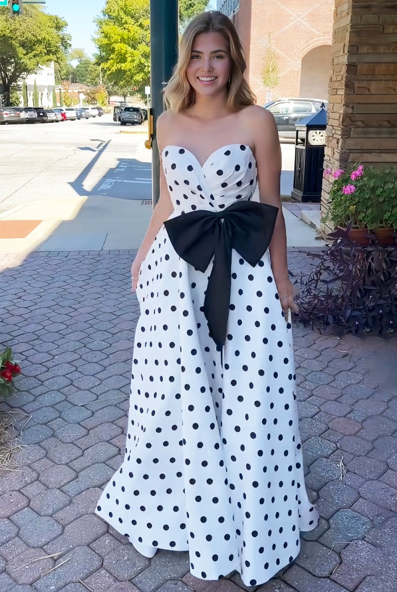 Averna | Black - Strapless A Line Polka Dots Satin Long Prom Dresses With Bow - KissProm
