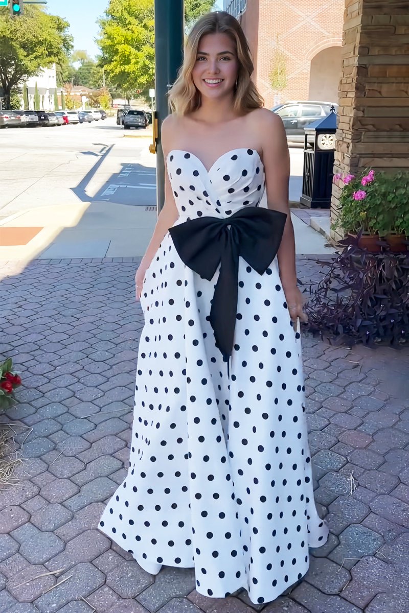 Averna | Black - Strapless A Line Polka Dots Satin Long Prom Dresses With Bow - KissProm