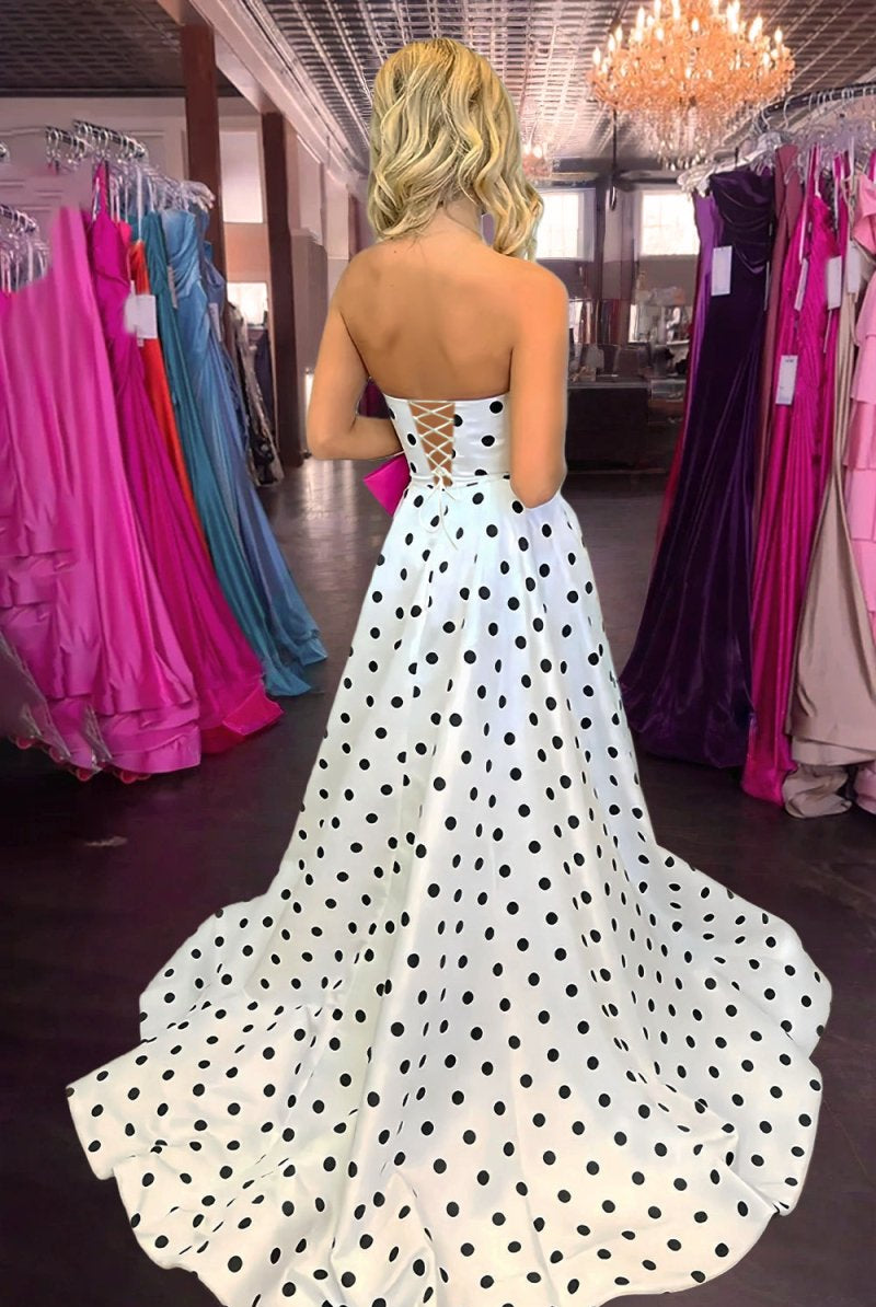 Averna | Fuchsia - Strapless A Line Polka Dots Satin Long Prom Dresses With Bow - KissProm