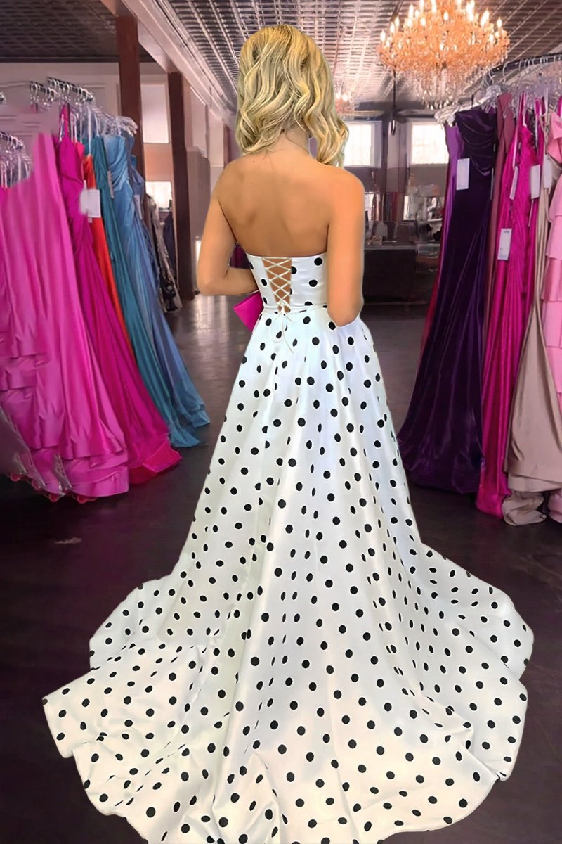 Averna | Fuchsia - Strapless A Line Polka Dots Satin Long Prom Dresses With Bow - KissProm