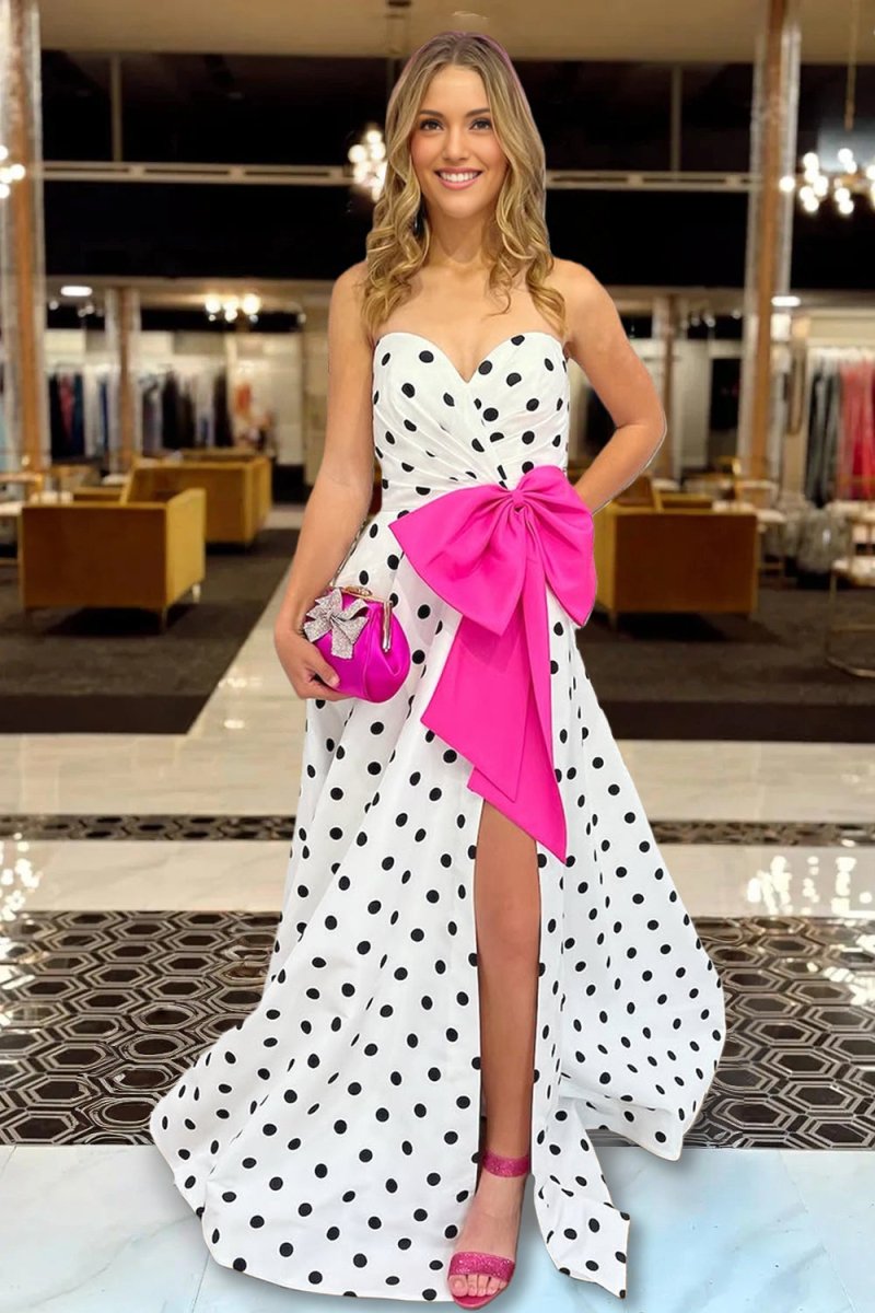 Averna | Fuchsia - Strapless A Line Polka Dots Satin Long Prom Dresses With Bow - KissProm