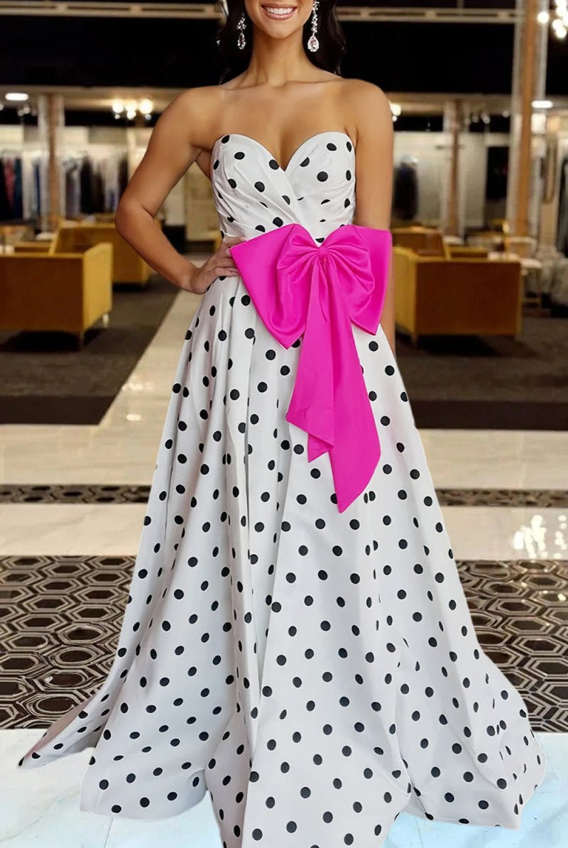 Averna | Fuchsia - Strapless A Line Polka Dots Satin Long Prom Dresses With Bow - KissProm