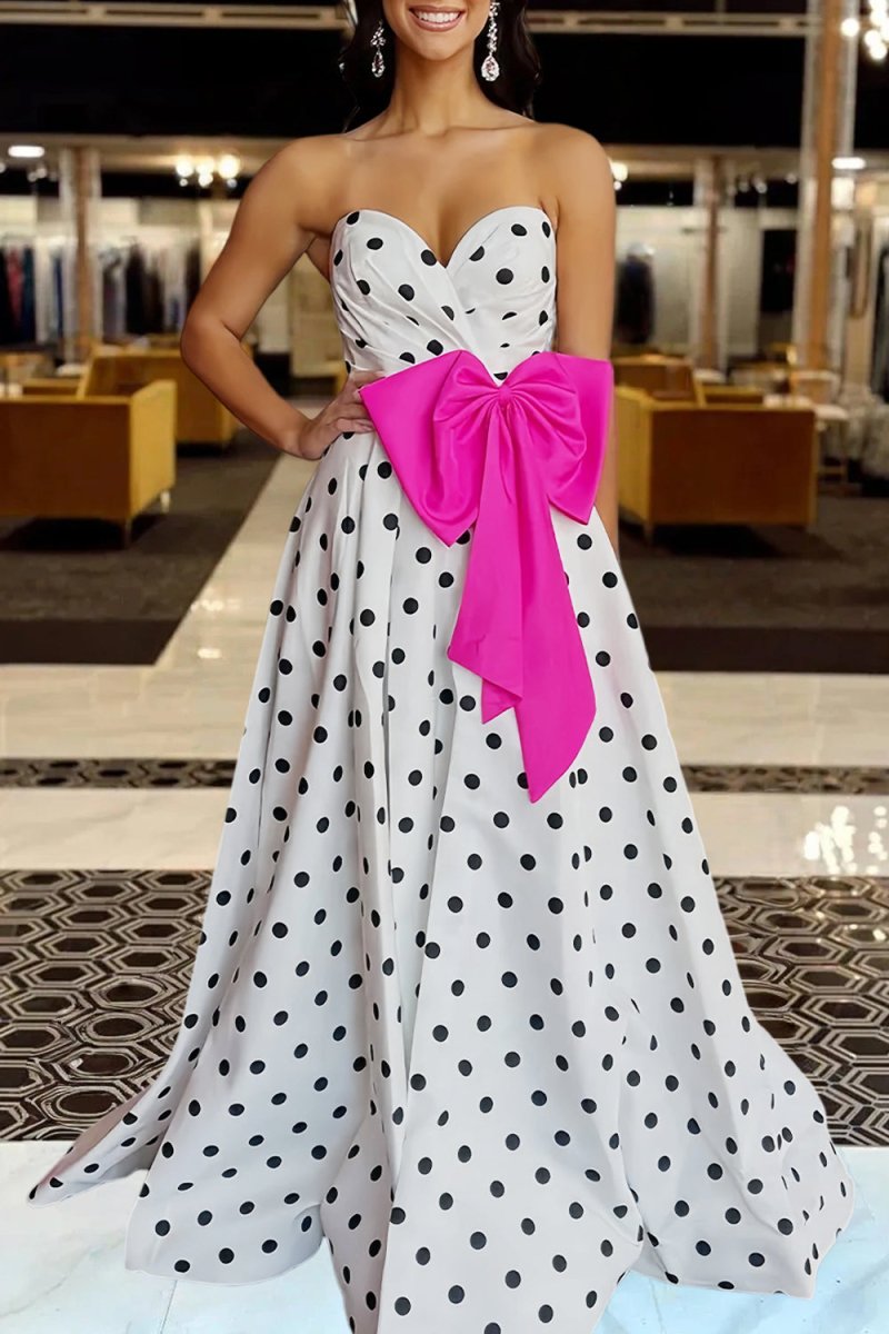 Averna | Fuchsia - Strapless A Line Polka Dots Satin Long Prom Dresses With Bow - KissProm