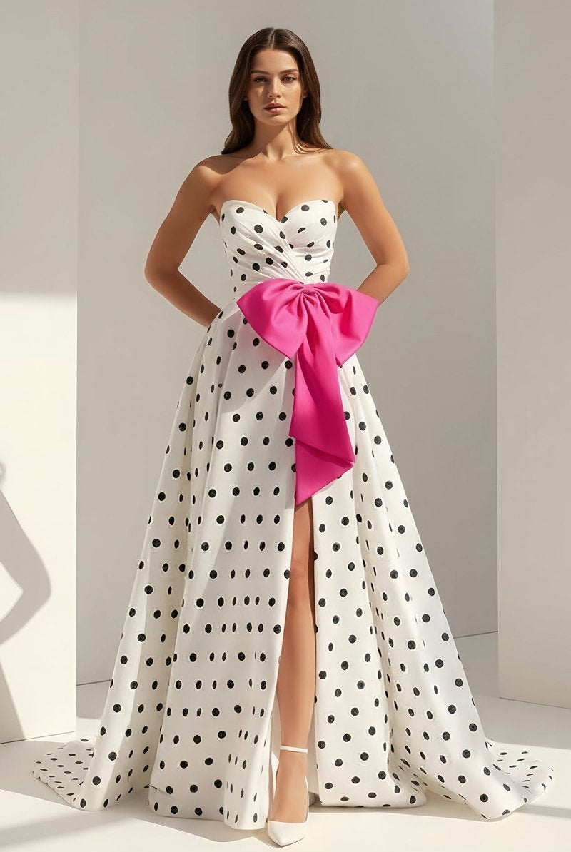 Averna | Fuchsia - Strapless A Line Polka Dots Satin Long Prom Dresses With Bow - KissProm