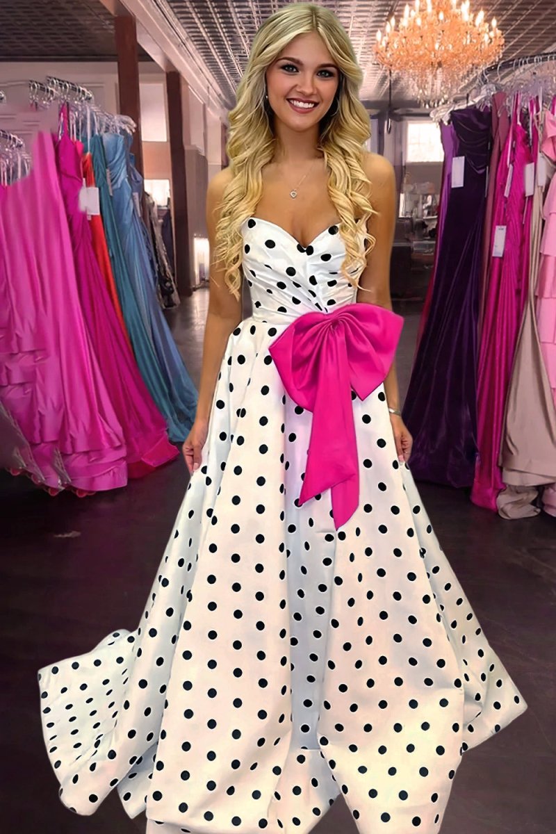 Averna | Fuchsia - Strapless A Line Polka Dots Satin Long Prom Dresses With Bow - KissProm