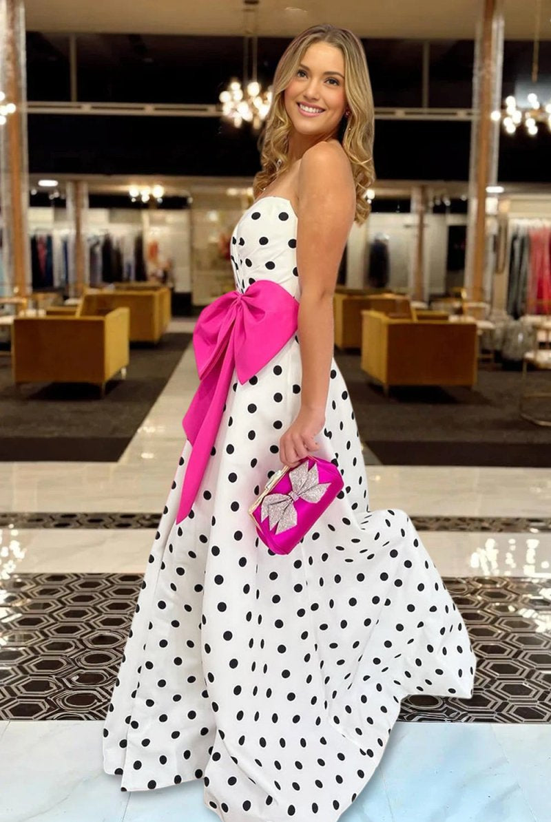 Averna | Fuchsia - Strapless A Line Polka Dots Satin Long Prom Dresses With Bow - KissProm