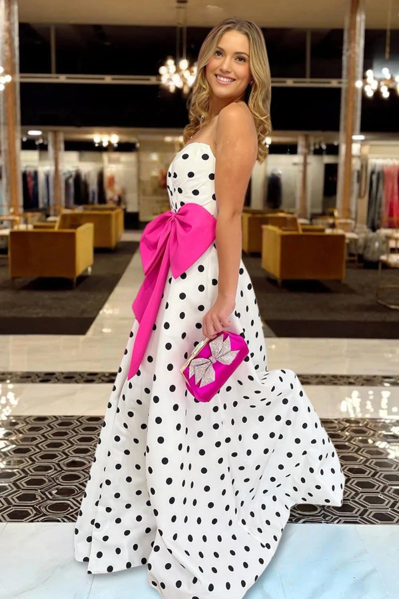Averna | Fuchsia - Strapless A Line Polka Dots Satin Long Prom Dresses With Bow - KissProm