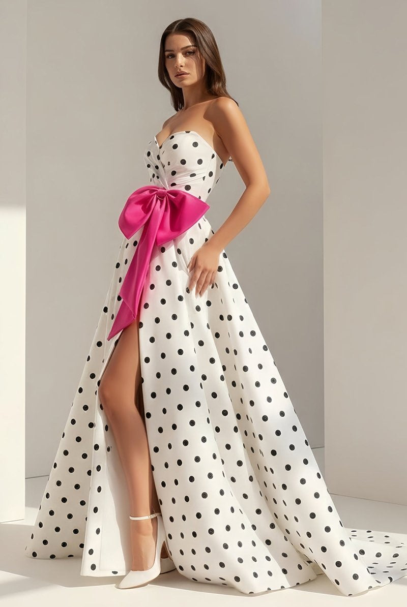 Averna | Fuchsia - Strapless A Line Polka Dots Satin Long Prom Dresses With Bow - KissProm