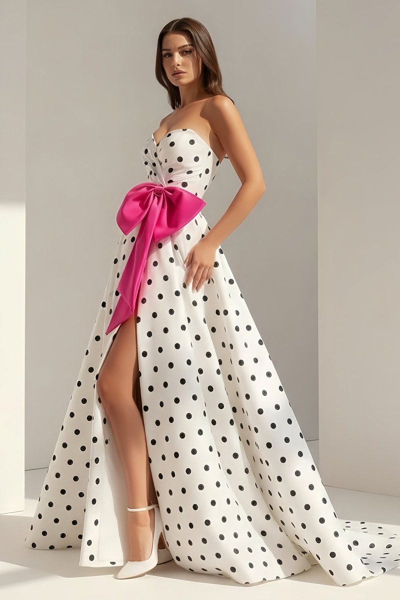 Averna | Fuchsia - Strapless A Line Polka Dots Satin Long Prom Dresses With Bow - KissProm