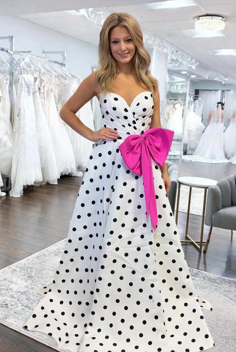 Averna | Fuchsia - Strapless A Line Polka Dots Satin Long Prom Dresses With Bow - KissProm