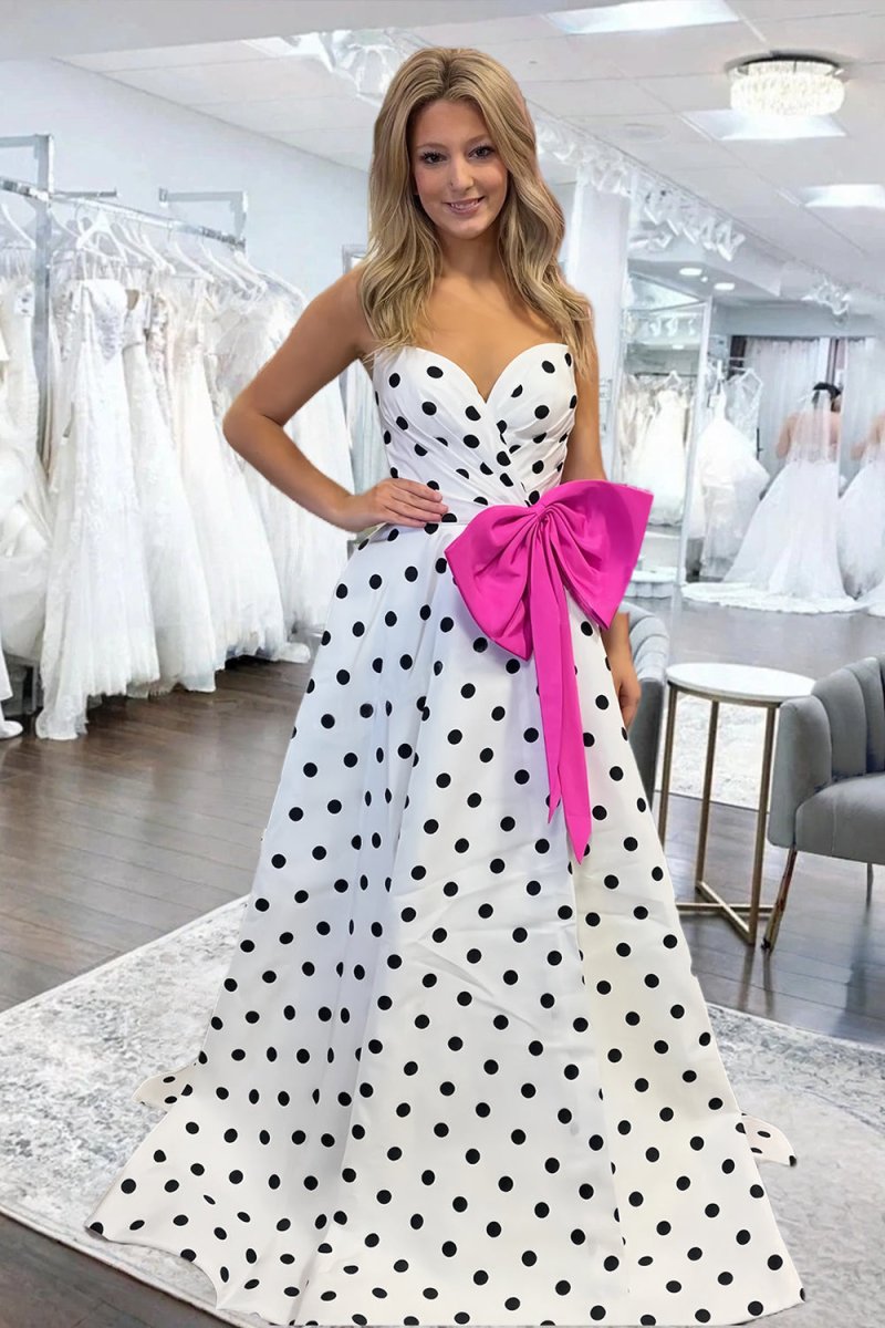 Averna | Fuchsia - Strapless A Line Polka Dots Satin Long Prom Dresses With Bow - KissProm